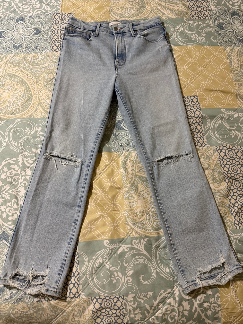 Good American Light Blue Distressed Straight Leg Jeans